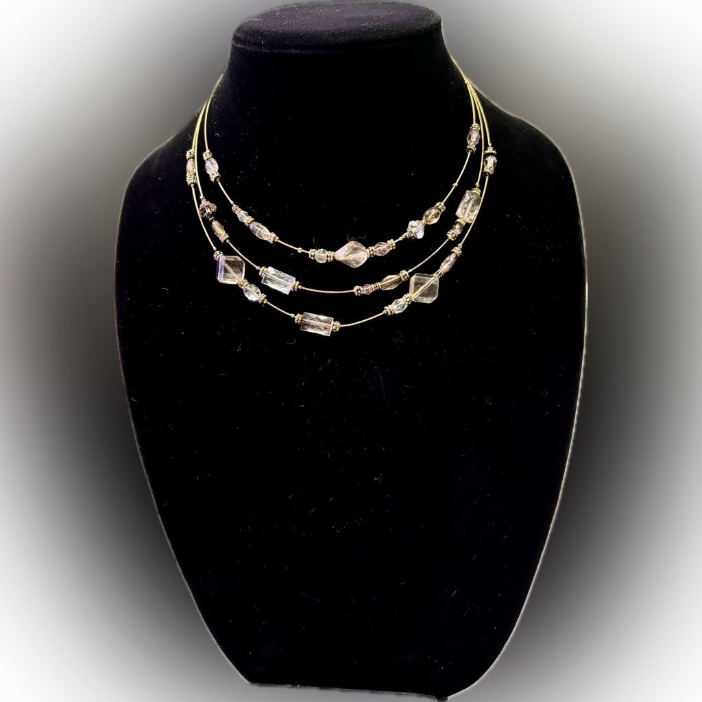 Goldtone Three Strand Wire. And Pink Crystal Necklace 14” 15” 16” Lobster Clasp
